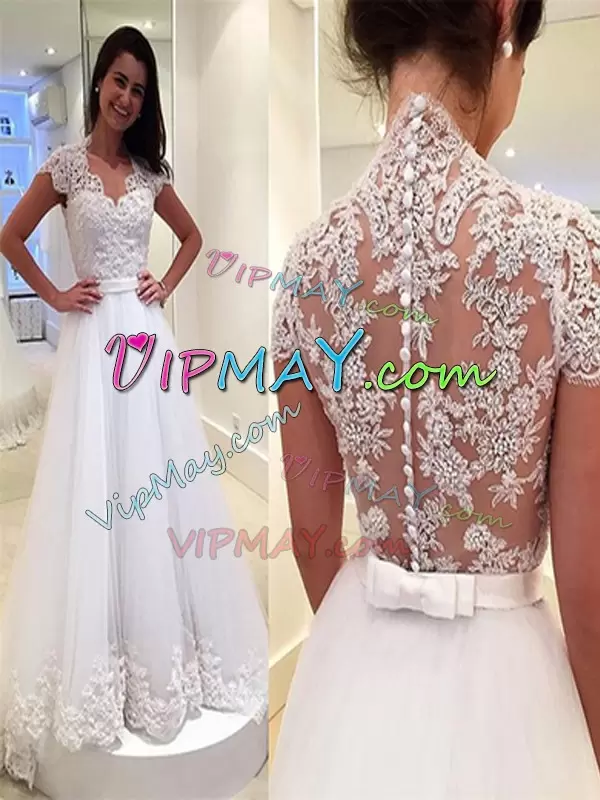 Custom Fit White Cap Sleeves Tulle Clasp Handle Wedding Gowns for Wedding Party