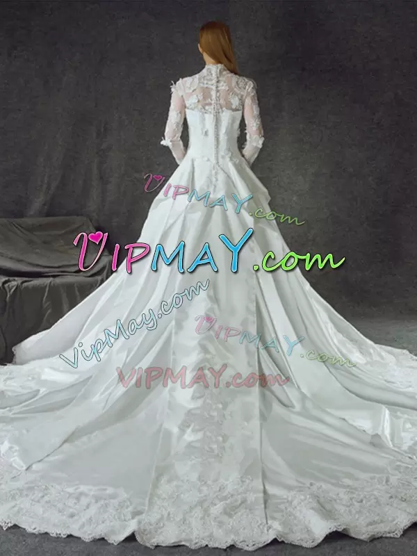 Colorful White Satin Zipper Bridal Gown Long Sleeves With Train Chapel Train Lace and Appliques