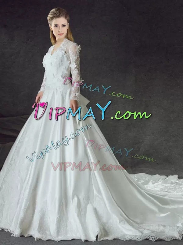 Colorful White Satin Zipper Bridal Gown Long Sleeves With Train Chapel Train Lace and Appliques