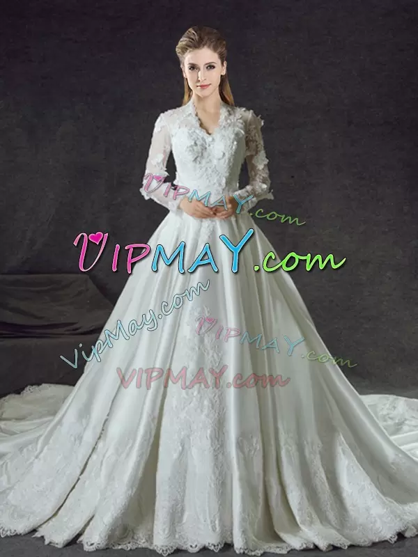 Colorful White Satin Zipper Bridal Gown Long Sleeves With Train Chapel Train Lace and Appliques