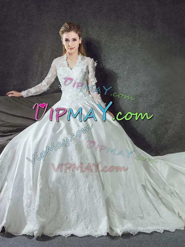 Colorful White Satin Zipper Bridal Gown Long Sleeves With Train Chapel Train Lace and Appliques