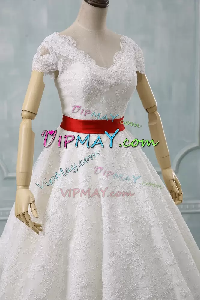 Deluxe White V-neck Neckline Lace and Belt Wedding Gowns Short Sleeves Zipper
