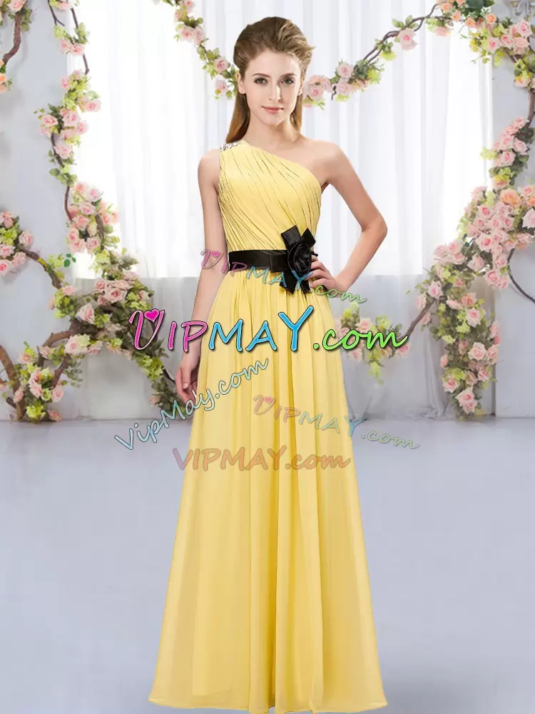 Empire Bridesmaid Gown Gold One Shoulder Chiffon Sleeveless Floor Length Zipper