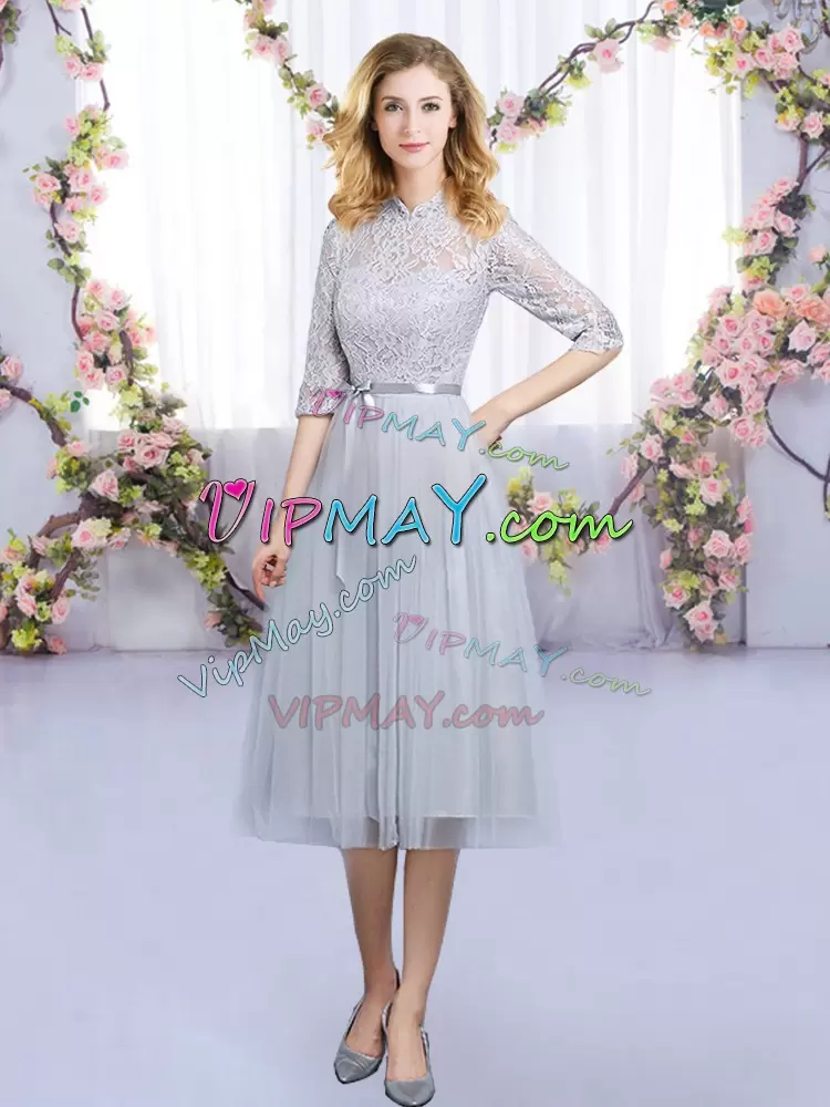 Discount Grey High-neck Neckline Lace and Belt Wedding Guest Dresses Half Sleeves Zipper