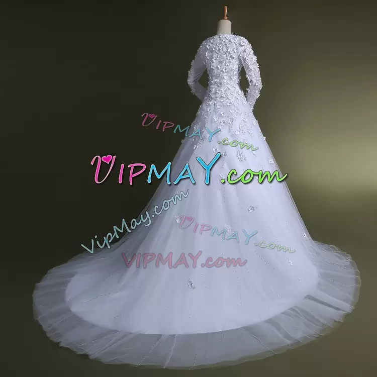 Discount White A-line Scoop Long Sleeves Tulle With Train Court Train Zipper Beading and Appliques and Hand Made Flower Wedding Gown