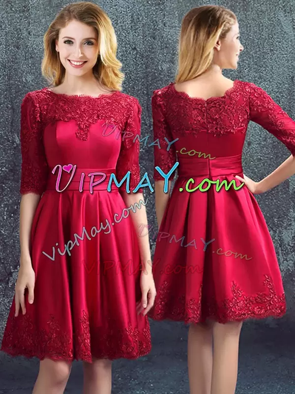 Great Wine Red Half Sleeves Mini Length Lace Zipper Bridesmaids Dress Bateau