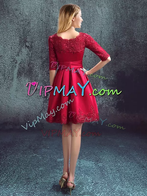 Great Wine Red Half Sleeves Mini Length Lace Zipper Bridesmaids Dress Bateau