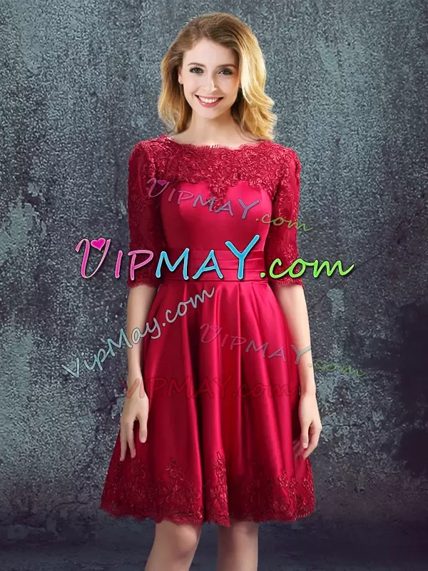 Great Wine Red Half Sleeves Mini Length Lace Zipper Bridesmaids Dress Bateau