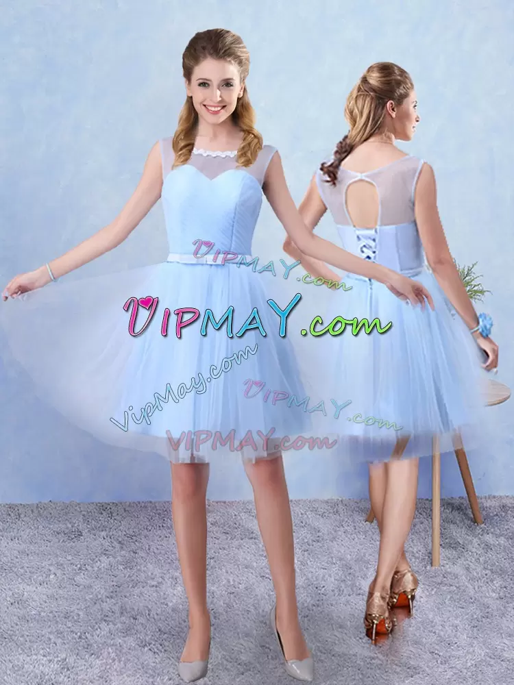 Blue A-line Scoop Sleeveless Tulle Knee Length Lace Up Ruching and Belt Dama Dress for Quinceanera