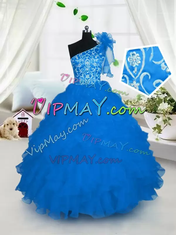 Aqua Blue One Shoulder Lace Up Embroidery and Ruffles Little Girl Pageant Dress Sleeveless