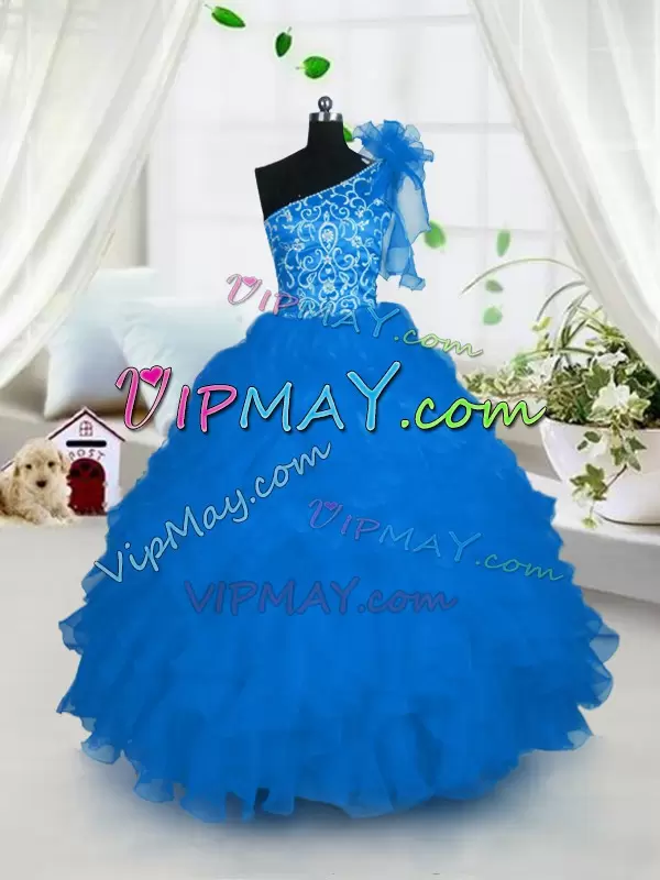 Aqua Blue One Shoulder Lace Up Embroidery and Ruffles Little Girl Pageant Dress Sleeveless