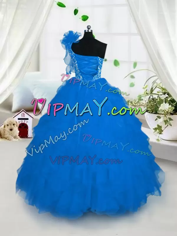 Aqua Blue One Shoulder Lace Up Embroidery and Ruffles Little Girl Pageant Dress Sleeveless