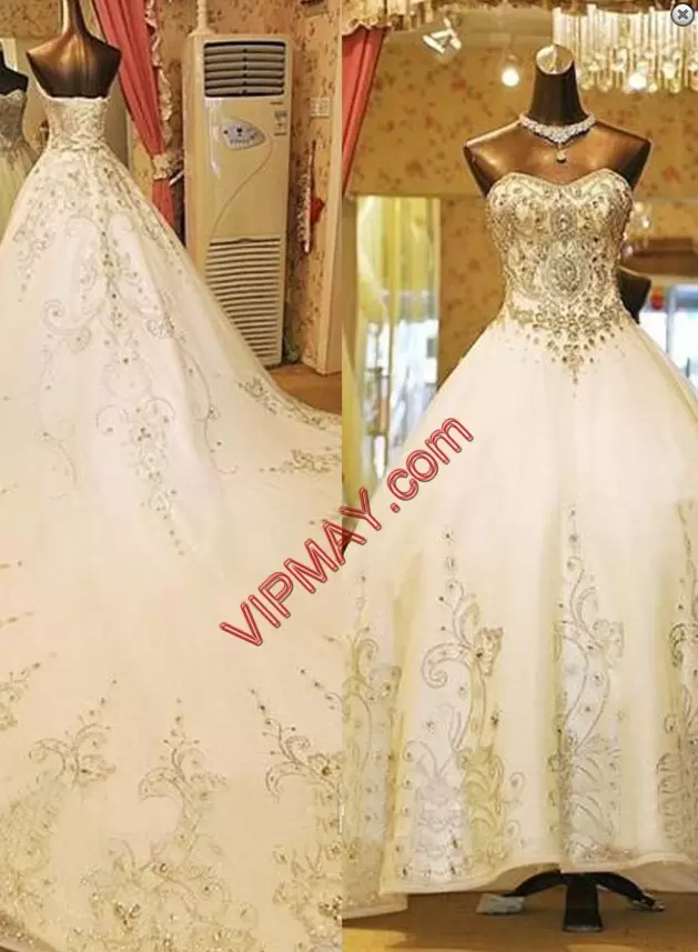 Sweetheart Sleeveless Cathedral Train Lace Up Wedding Gown White Beading and Embroidery