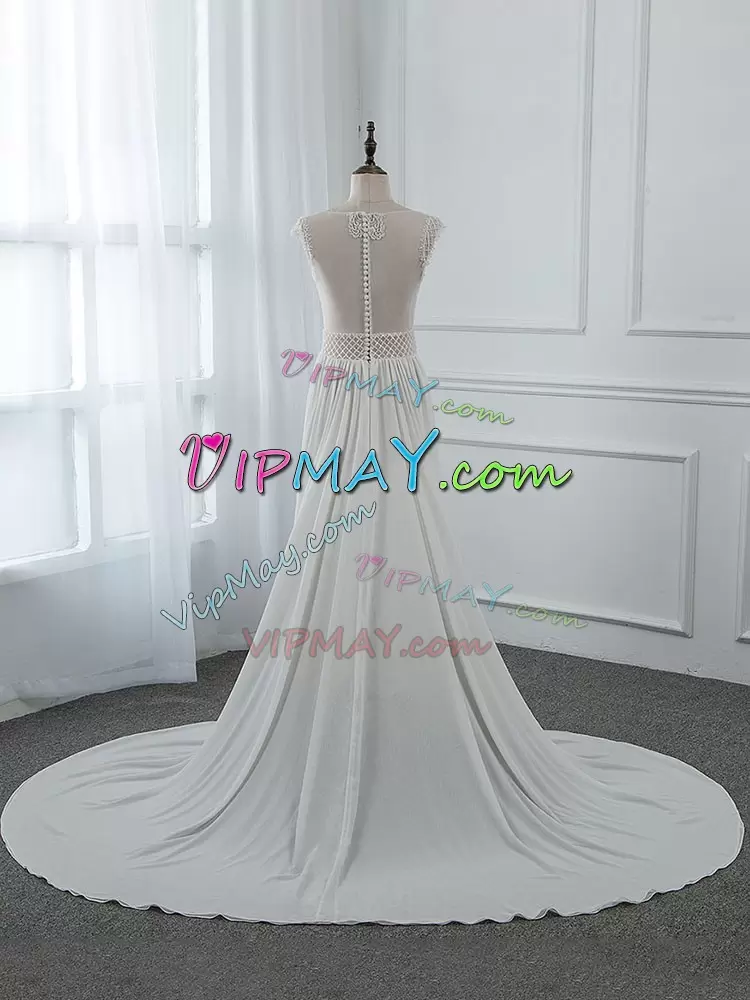 Sleeveless Chiffon Brush Train Clasp Handle Wedding Dresses in White with Beading
