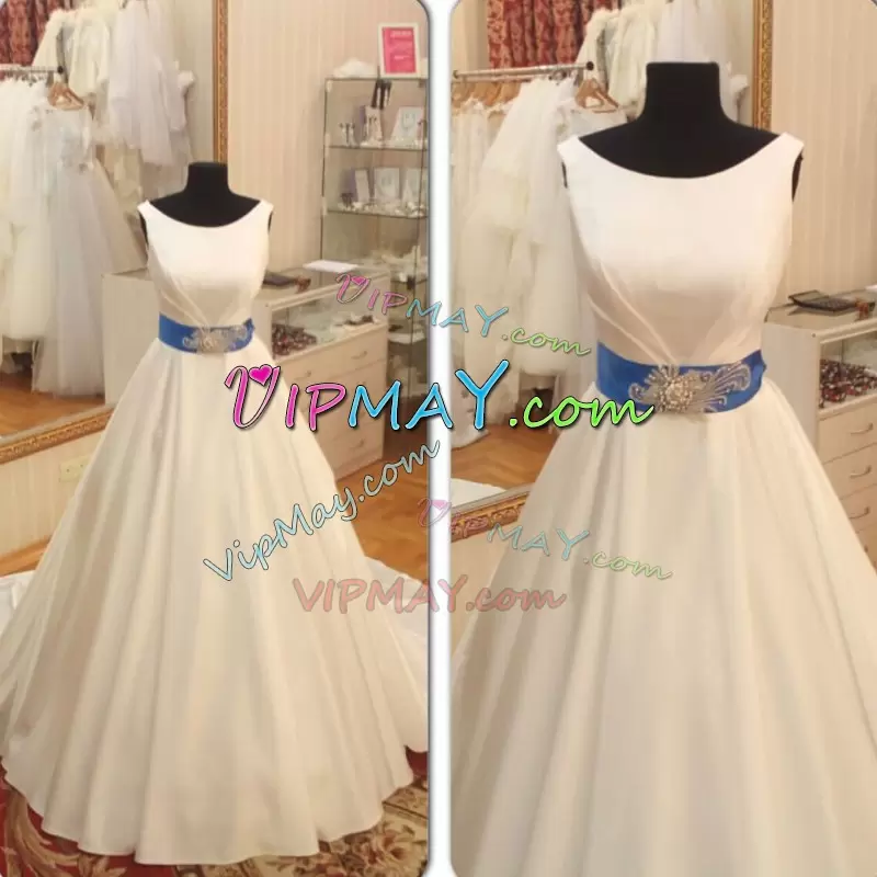 Beautiful Lace Up Wedding Gowns White for Beach and Wedding Party with Beading and Belt Court Train