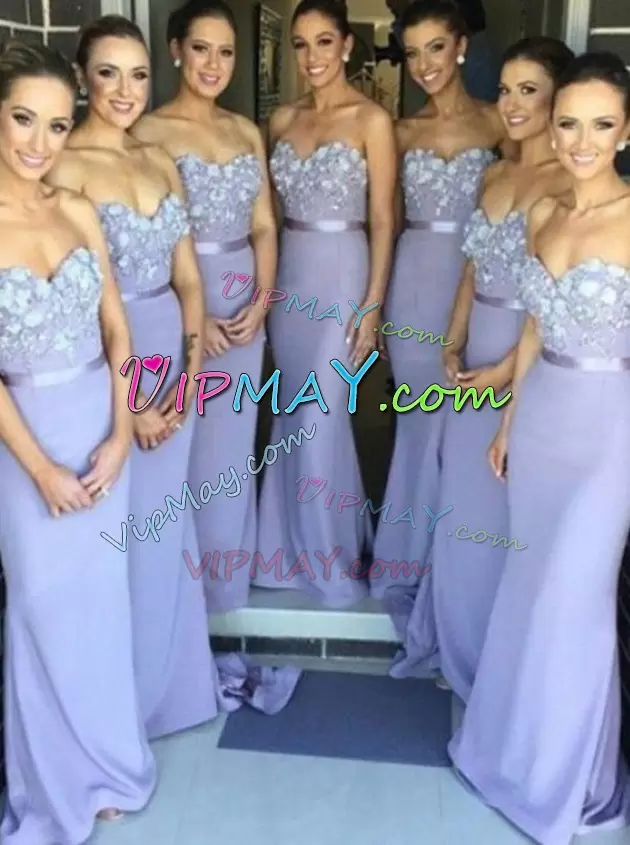 Floor Length Lace Up Bridesmaids Dress Blue for Prom and Party and Wedding Party with Beading and Lace Sweep Train