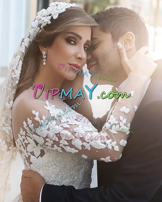 Long Sleeves Beading and Lace Zipper Wedding Gown with White Court Train