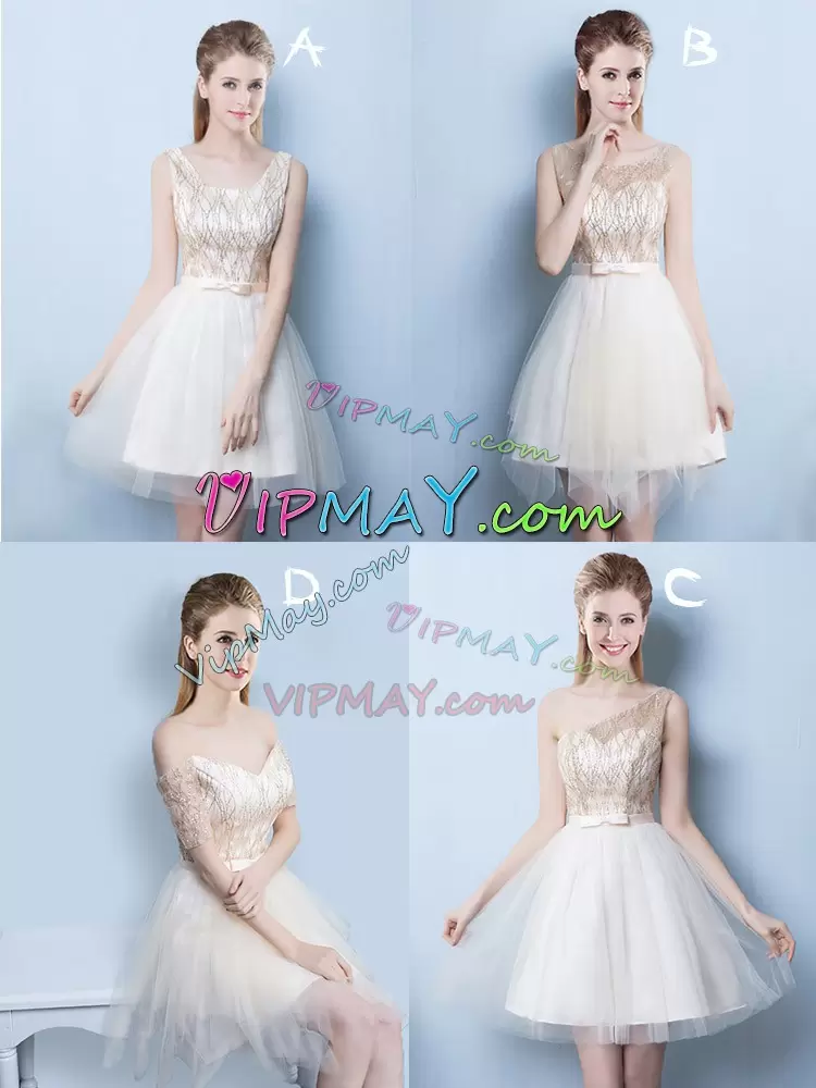 Artistic Asymmetrical Champagne Wedding Guest Dresses Scoop Sleeveless Lace Up