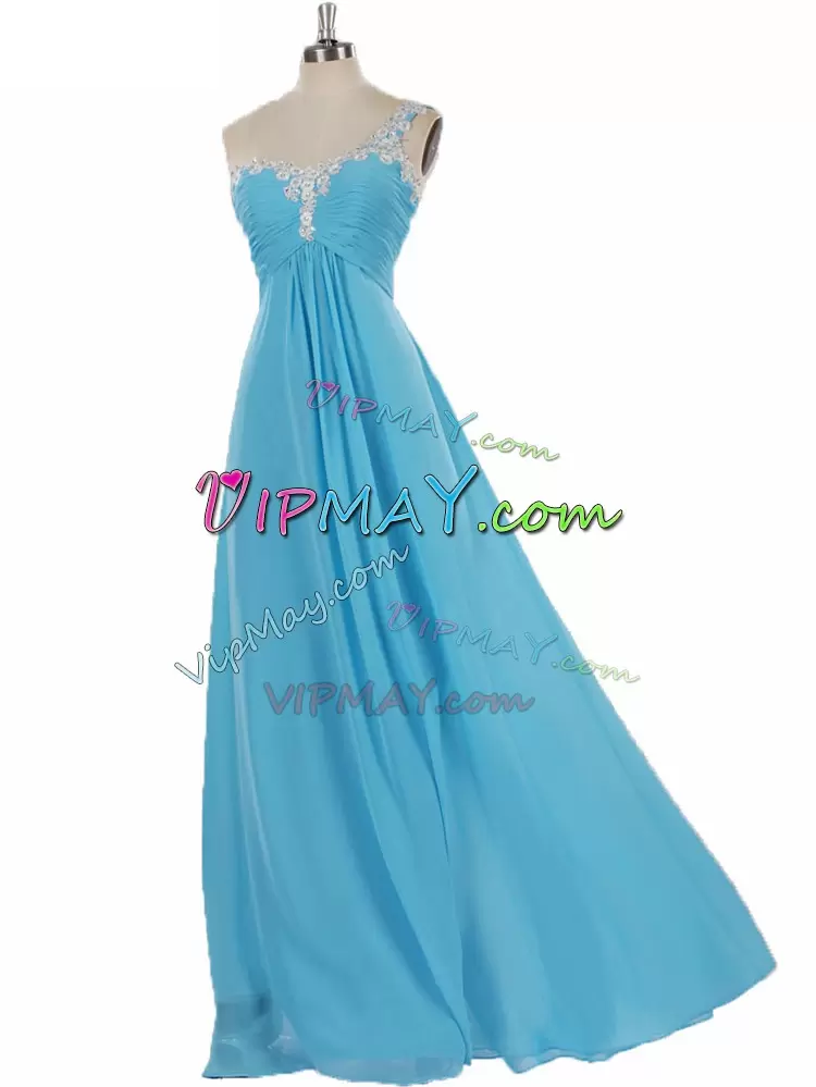 Aqua Blue Empire Chiffon One Shoulder Sleeveless Appliques Floor Length Zipper Bridesmaids Dress