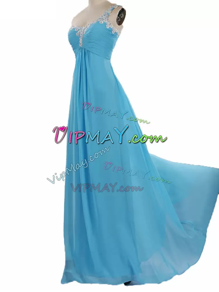 Aqua Blue Empire Chiffon One Shoulder Sleeveless Appliques Floor Length Zipper Bridesmaids Dress