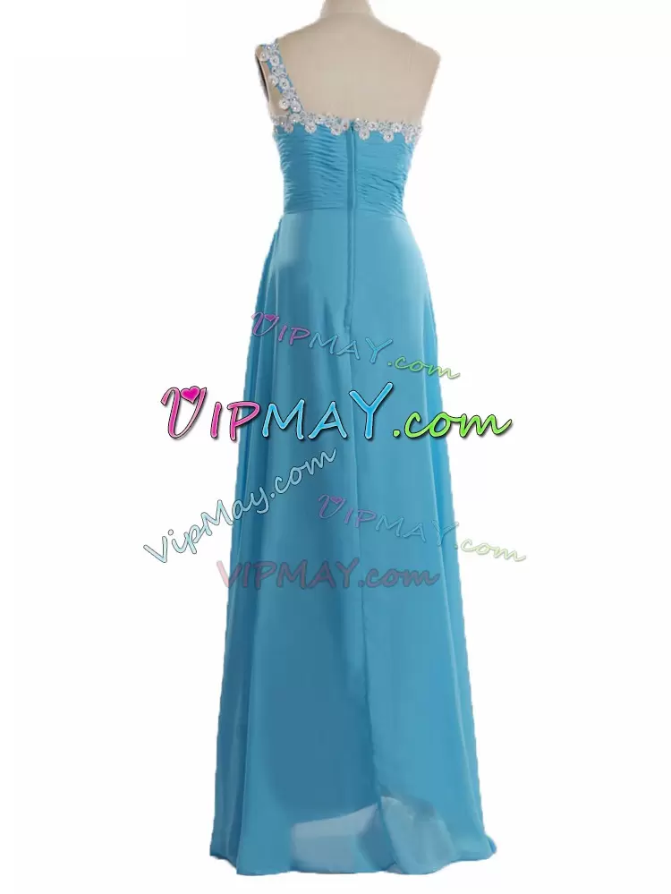 Aqua Blue Empire Chiffon One Shoulder Sleeveless Appliques Floor Length Zipper Bridesmaids Dress