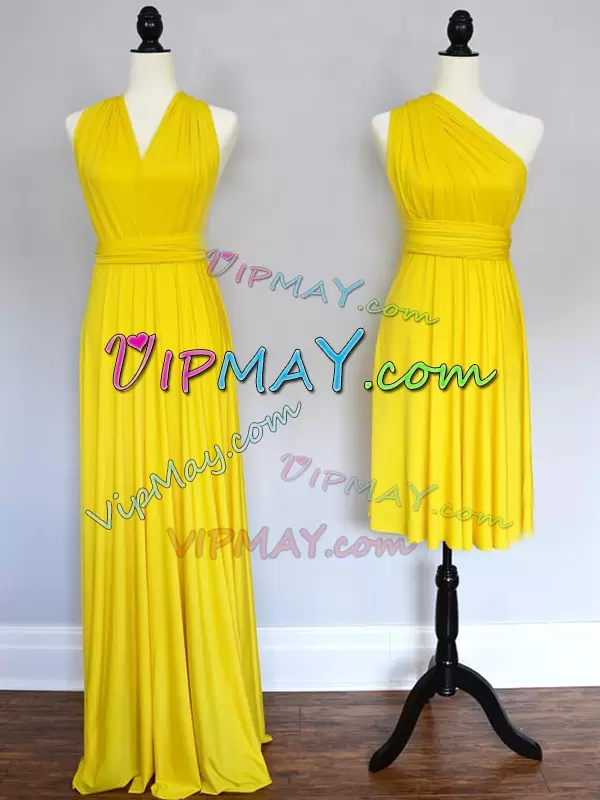 Custom Made Yellow Halter Top Neckline Ruching Bridesmaids Dress Sleeveless Lace Up