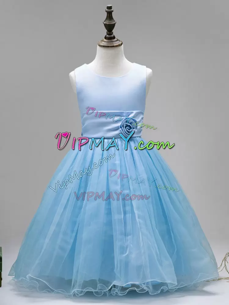 Latest Baby Blue Ball Gowns Tulle Scoop Sleeveless Hand Made Flower Floor Length Zipper Flower Girl Dresses