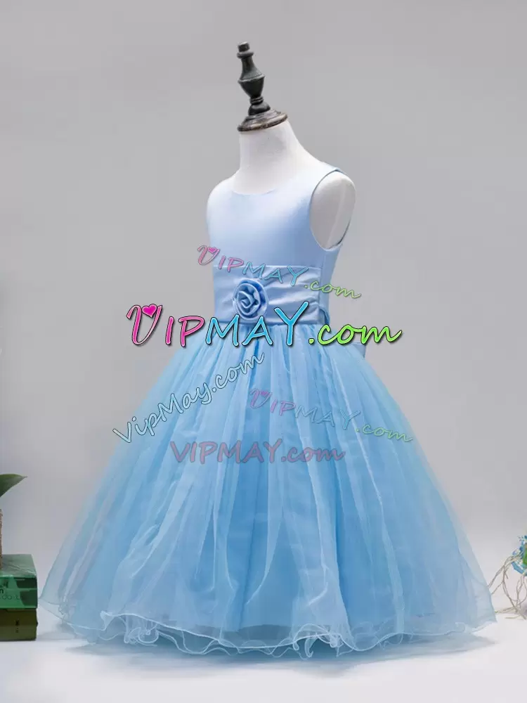 Latest Baby Blue Ball Gowns Tulle Scoop Sleeveless Hand Made Flower Floor Length Zipper Flower Girl Dresses