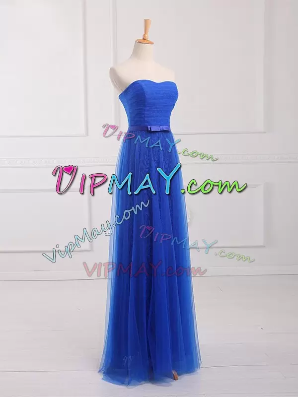 Colorful Royal Blue Tulle and Lace Lace Up Bridesmaid Dresses Sleeveless Floor Length Belt