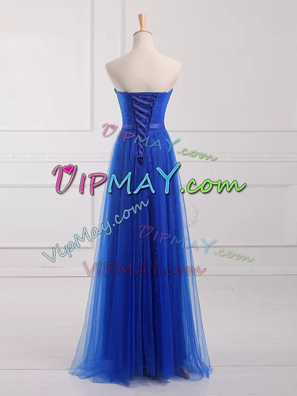 Colorful Royal Blue Tulle and Lace Lace Up Bridesmaid Dresses Sleeveless Floor Length Belt