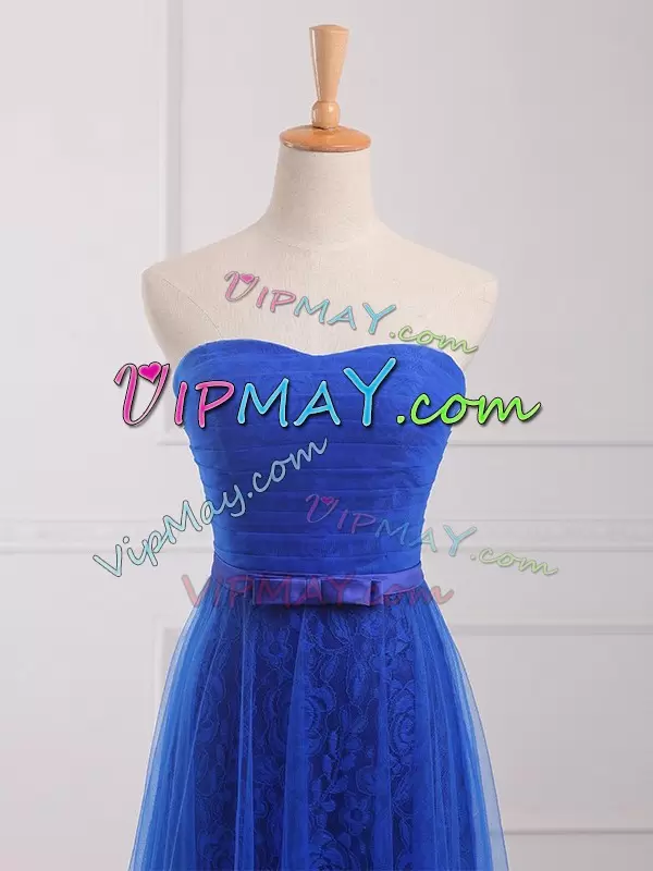 Colorful Royal Blue Tulle and Lace Lace Up Bridesmaid Dresses Sleeveless Floor Length Belt