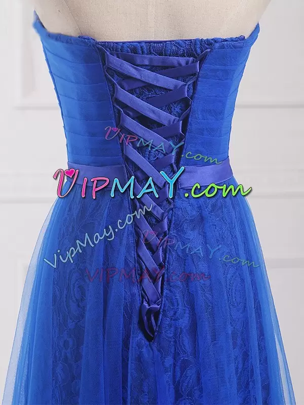 Colorful Royal Blue Tulle and Lace Lace Up Bridesmaid Dresses Sleeveless Floor Length Belt