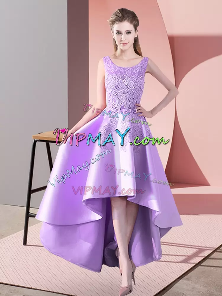 Admirable High Low Lavender Wedding Guest Dresses Satin Sleeveless Lace