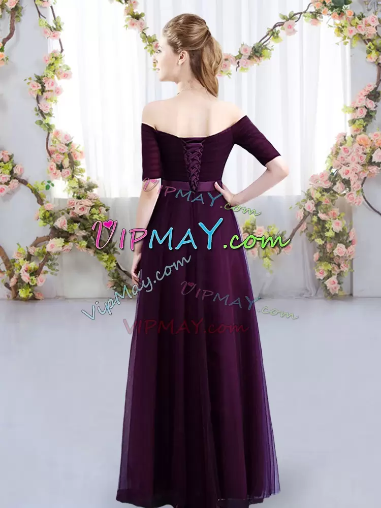 Purple Tulle Lace Up Quinceanera Dama Dress Short Sleeves Floor Length Ruching