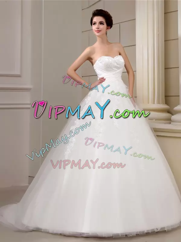 Elegant Sleeveless Sweetheart Court Train Appliques Lace Up Wedding Gowns