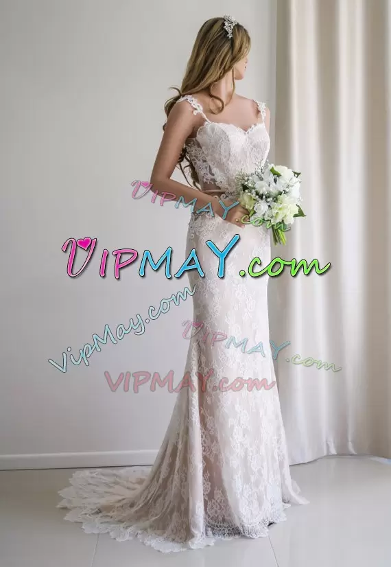 White Mermaid Straps Sleeveless Lace With Brush Train Lace Up Lace Bridal Gown