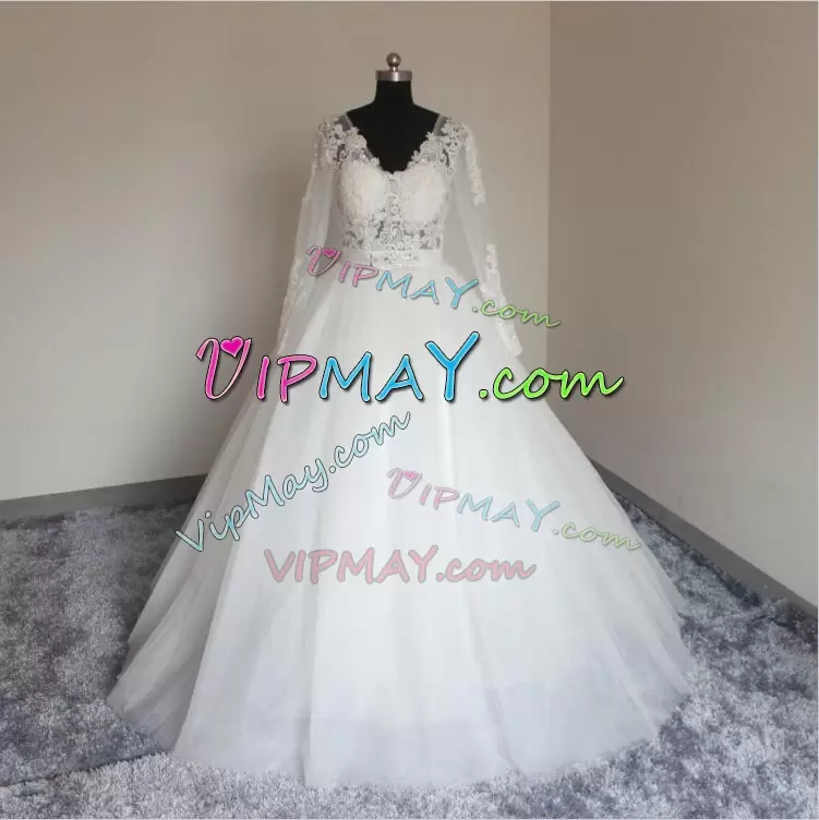 Floor Length White Wedding Gown Tulle Long Sleeves Lace and Appliques