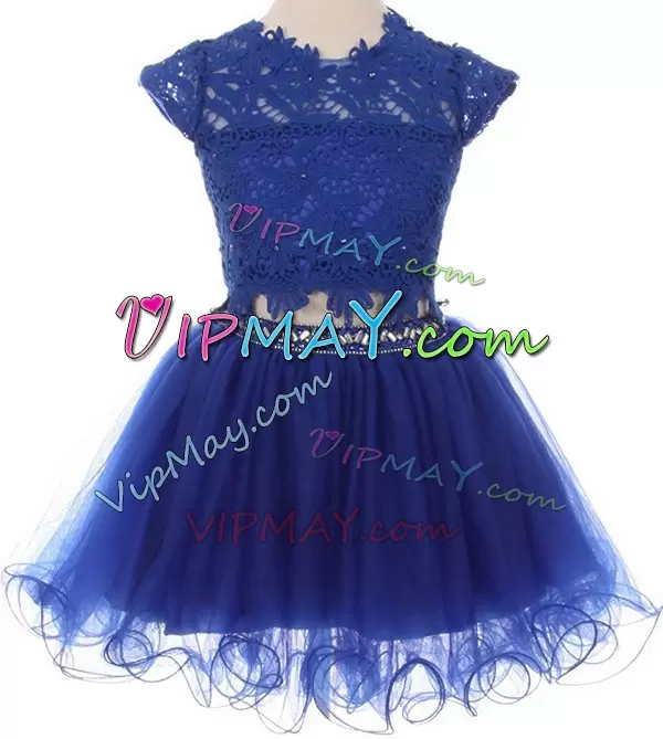 Blue Cap Sleeves Beading and Lace Mini Length Toddler Flower Girl Dress