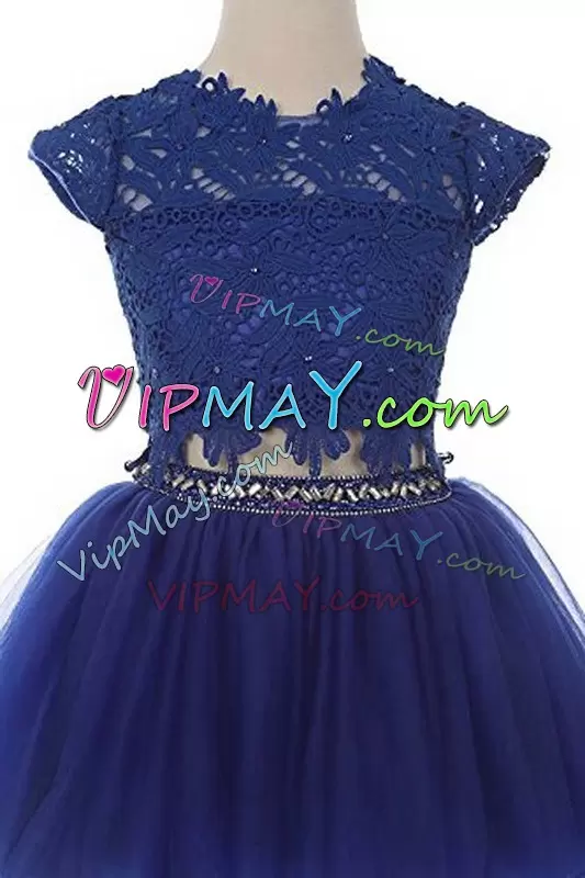 Blue Cap Sleeves Beading and Lace Mini Length Toddler Flower Girl Dress