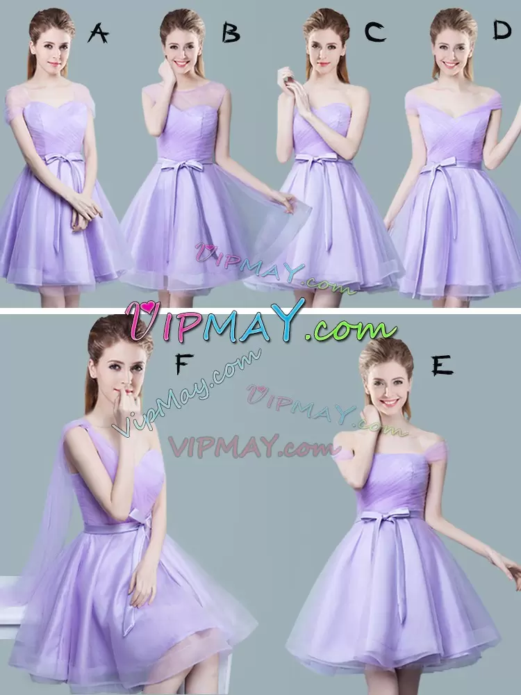 Cheap Lavender Straps Neckline Ruching and Bowknot Wedding Guest Dresses Cap Sleeves Zipper