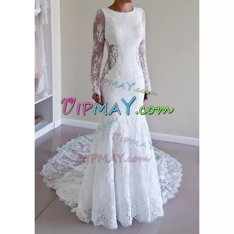 Luxurious Mermaid Long Sleeves White Bridal Gown Court Train Backless