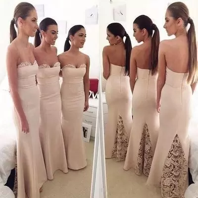 Classical Champagne Satin Zipper Sweetheart Sleeveless Floor Length Bridesmaids Dress Lace