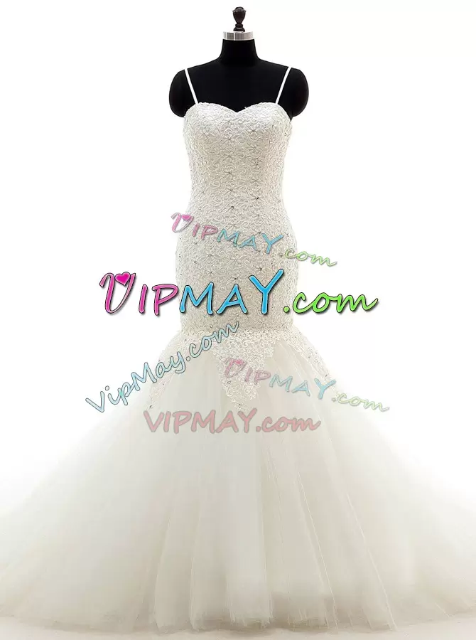 Tulle Spaghetti Straps Sleeveless Brush Train Lace Up Beading and Lace Wedding Gowns in White