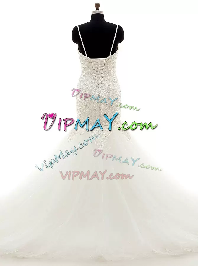 Tulle Spaghetti Straps Sleeveless Brush Train Lace Up Beading and Lace Wedding Gowns in White