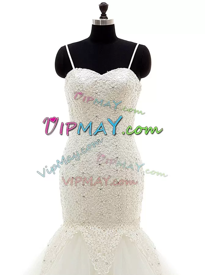 Tulle Spaghetti Straps Sleeveless Brush Train Lace Up Beading and Lace Wedding Gowns in White