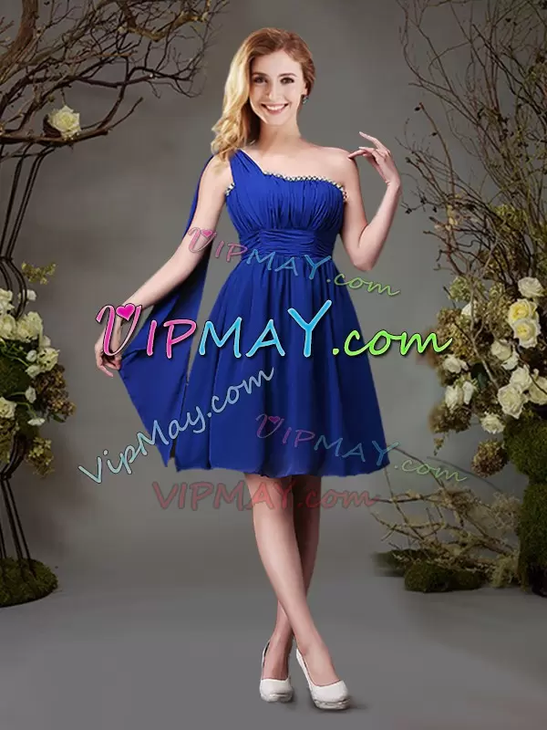 Dazzling Mini Length Royal Blue Quinceanera Dama Dress One Shoulder Sleeveless Zipper