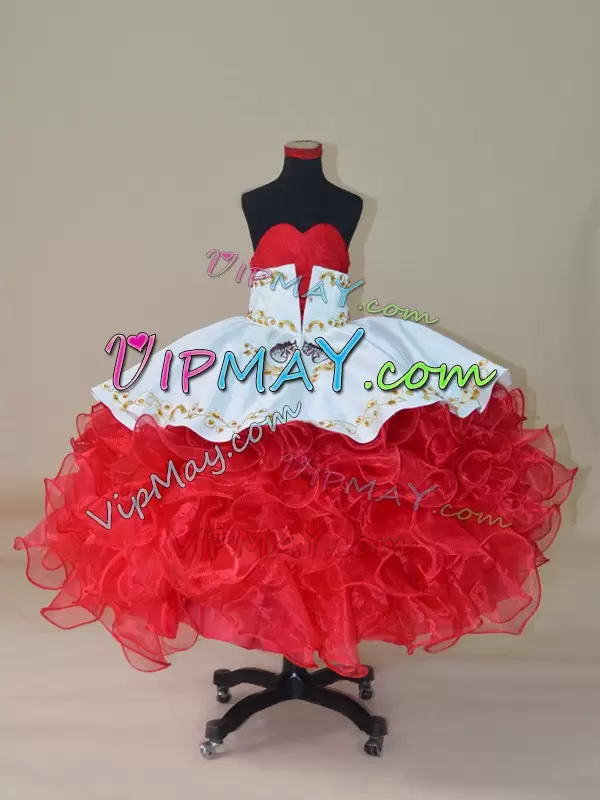 Lace Up Sweetheart Embroidery and Ruffles Pageant Dress Womens Organza Sleeveless