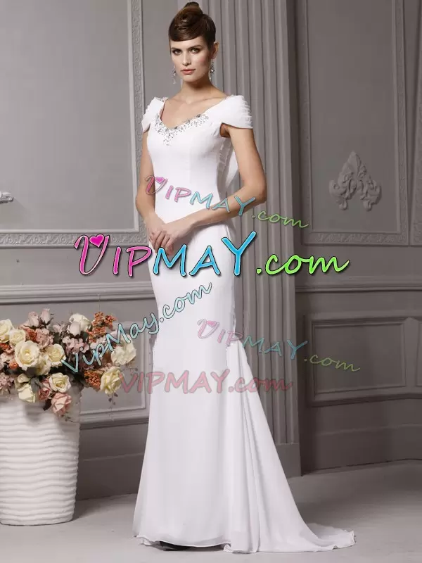 With Train Mermaid Cap Sleeves White Wedding Dress Brush Train Side Zipper