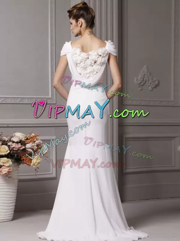 With Train Mermaid Cap Sleeves White Wedding Dress Brush Train Side Zipper