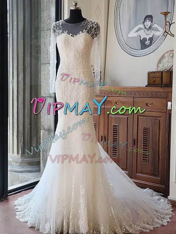 Comfortable White Zipper Scoop Appliques Wedding Dress Tulle Long Sleeves Court Train